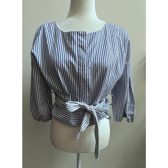 J.O.A Blue White Striped Tie Blouse Puff Sleeve Button Up Minimalist Women's M - Picture 2 of 9